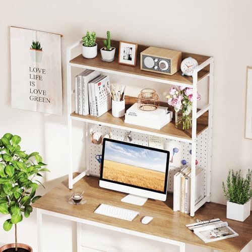 Tangkula Desktop Bookshelf, Multipurpose 2-Tier Desk Hutch with Pegboard, Industrial Countertop Storage Organizer Rack for up to 32" Computer Monitor, Hutch for Dorm Home Office (Natural) - Image 2