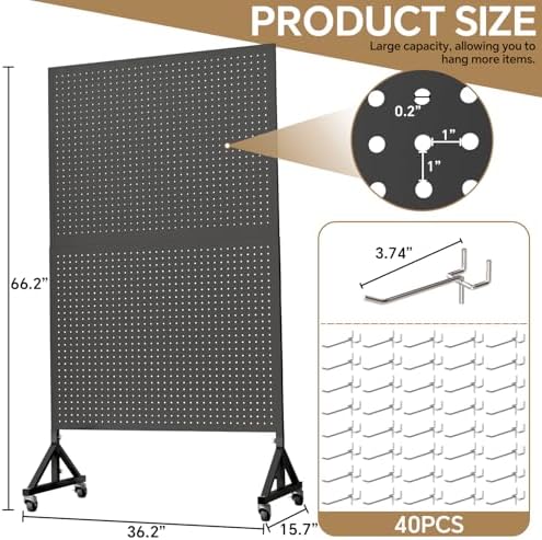Metal Pegboard Display Stand 3 x 5.5 Feet, Adjustable Height with 40 Peg Board Hooks and Wheels, Pegboard Display Rack, Craft Display Rack, Retail Display Rack, Garage Peg Board - Image 3