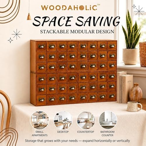 48 Drawer Wood Storage Organizer, Stackable Apothecary Cabinet with Brass Handles & Label Holders, Modular Card Catalog Drawer Chest for Crafts, Hardware, Beads, Spices, Office Desk - Image 2
