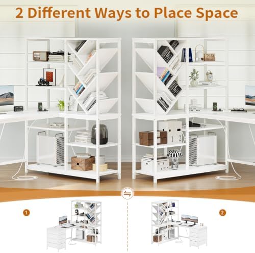 58" White L Shaped Desk with Bookshelf and 3 Drawers for Home Office - Image 4