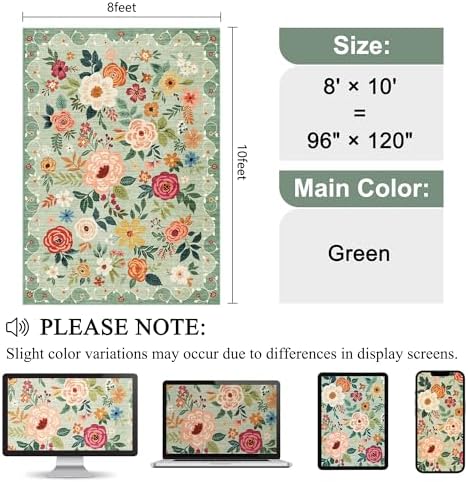 DUKINO 8x10 Area Rugs, Floral Washable Living Room Rug Non Slip, Green - Image 2