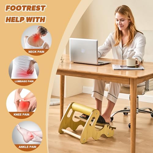 Foot Rest for Under Desk at Work- Adjustable Rocking Foot Stool with 3 Height Positions and Soft Crossbar, Ergonomic Wooden Footrest with Anti-Slip Surface for Home, Office - Image 2
