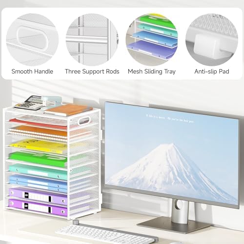 Cawukege 9 Tier Paper Organizer with Handle, White Large Capacity Desk Organizer Mesh File Folder Letter Paper Tray Desktop Document Sorter for Classroom, School, and Office Accessories Organization - Image 4