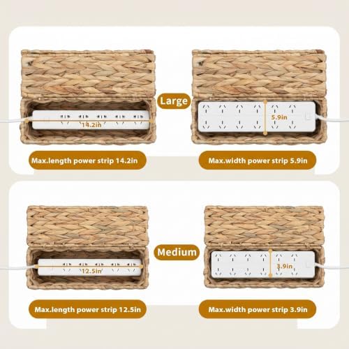 2 Pack Handwoven Cable Management Box with Lid, Decorative Cord Organizer for Power Strips, Chargers, TV Wires, Desk, Home & Office Storage, Natural Water Hyacinth - Image 4