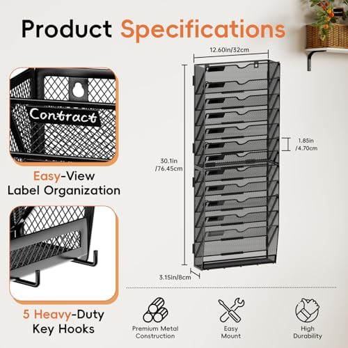13-Tier Wall File Organizer with Hook, Hanging File Organizer Black - Image 2