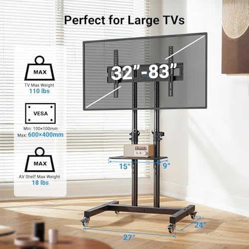 PERLESMITH Rolling TV Stand on Wheels for 32-83 Inch Screens up to 110lbs, Mobile TV Cart Height Adjustable Portable Outdoor TV Stand Tilt Rolling TV Cart with Shelf Max VESA 600x400mm PSTVMC03 - Image 3