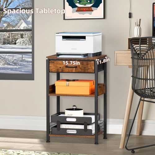 Lerliuo End Table with Fabric Drawer,3 Tier Industrial Wood Side Table with Storage,Modern Tall Printer Stand,Vintage Brown Nightstand,Rustic Bedside Tables for Living Room Bedroom Small Spaces - Image 2