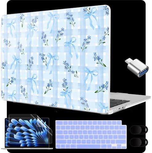 MEEgoodo for M5/M4/M3/M2 MacBook Air 15 inch Case 2026 2025 2024 2023, Case Fit Model (A3448/A3241/A3114/A2941) for MacBook Air 15.3 inch, Flower&Bows&Watercolor Plaid by MEEgoodo