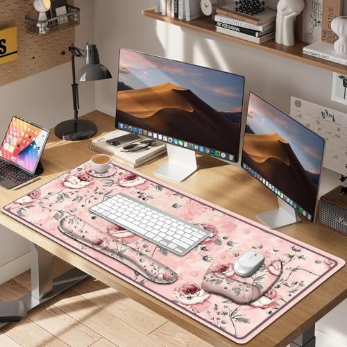 4 in 1 Large Mouse Pad, Keyboard Wrist Rest Set, Ergonomic Mouse Pad with Wrist Support, Desk Mat with Stitched Edges Extended Desk Pad Waterproof Desk Mat for Home Office Game I Pink Rose Flowers - Image 7