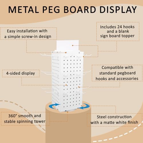 Rotating Pegboard Display Stand With 24 Hooks, 4-Sided Metal Spinning Peg Board Display 7.4"x7.4"x17" Spinner Pegboard Carousel Craft Rack Organizer (White) - Image 4