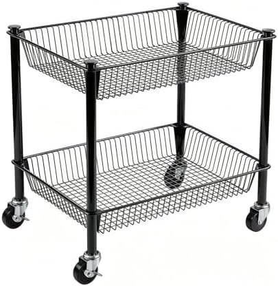 2 Tier Rolling Pantry Cart on Wheels Thick Metal Pantry Floor Organizer Small Utility Cart for Small Space, Fruit Vegetables Rack for Kitchen, Under Desk Storage Onion Potato Storage Basket, Black by Ufriandz