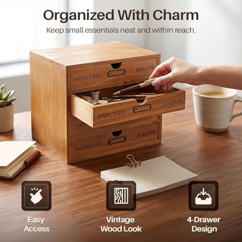 Flexzion Wood Desktop Organizer with Drawers, Desktop Storage Drawers Wood Cabinet, 4-Drawer Wooden Card Catalog Cabinet for Office, Crafts, Jewelry, Stationery, Vintage Brown (Pack of 2) - Image 3