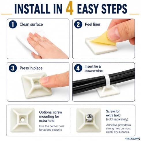 Kable Kontrol Zip Tie Mounts, 1” Natural White, 5500 Pcs Adhesive Backed - Image 5
