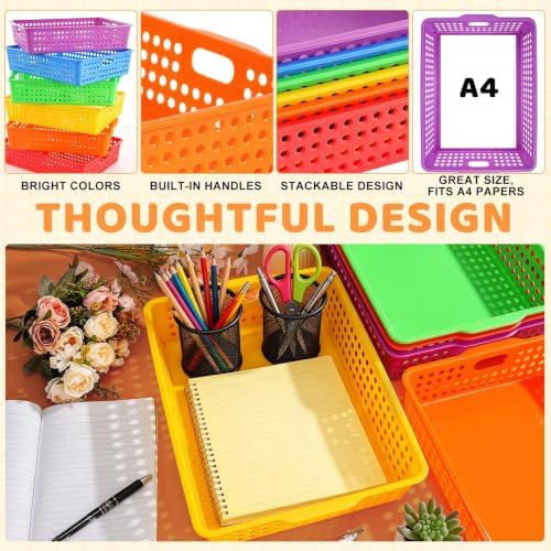 12 Pack Classroom Storage Baskets, Plastic Paper Trays for Desk Organization, Turn-in Trays for Teachers and Students, Stackable Organizer Bins for School Office-Bright Color - Image 5