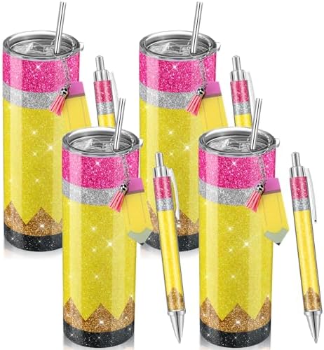 Skylety 12 Pcs/ 4 Sets Teacher Gift Tumbler Set, Glitter Pencil Style by Skylety