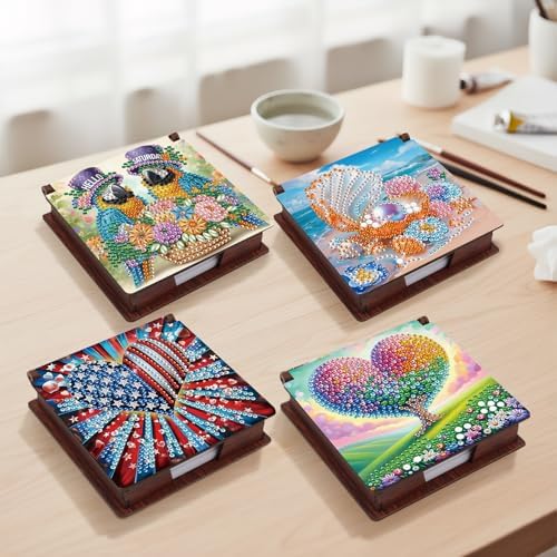 4pcs Bird and Heart Diamond Art Painting Note Box for Adults, Wooden DIY Sticky Notes Holder Kit with 640 Blank Notepads, Multi-Purpose Desk Organizer for Home Office, Study Thoughtful Gift - Image 3