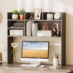 Tangkula Desktop Bookshelf for Computer Up to 32”, 37” Countertop Storage Hutch with 6 Storage Shelves, 3-Tier Desktop Organizer Display Rack, Wooden Desk Hutch for Dorm Home Office (Grey,6 Shelves) - Image 2