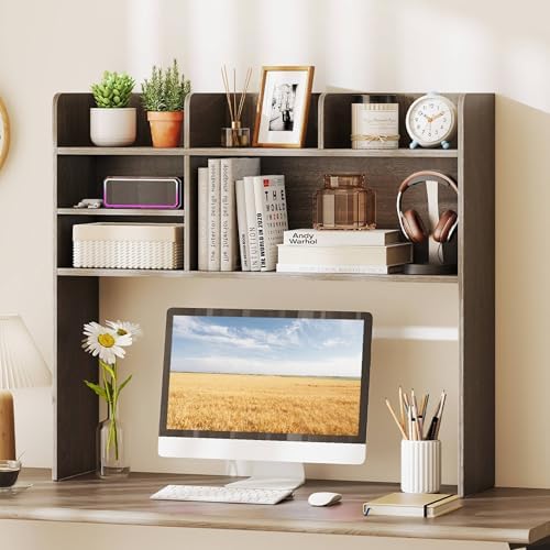 Tangkula Desktop Bookshelf for Computer Up to 32”, 37” Countertop Storage Hutch with 6 Storage Shelves, 3-Tier Desktop Organizer Display Rack, Wooden Desk Hutch for Dorm Home Office (Grey,6 Shelves) - Image 2