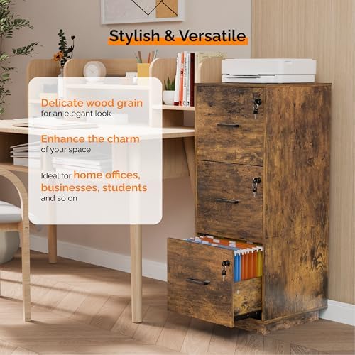VINGLI 3 Drawer File Cabinet with Lock, Home Office Filing Organizer, for Letter Size File Folder Storage, Wood Tall Vertical Filing Cabinet, Printer Stand, Archivador (Rustic Brown) - Image 5
