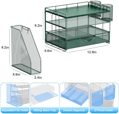 gianotter Desk Organizers and Accessories with File Holder, 4-Tier Desk Accessories & Workspace Organizers with Drawer and 2 Pen Holder, Desk Reference Organizer (Green, 4T with Metal Drawer) - Image 5