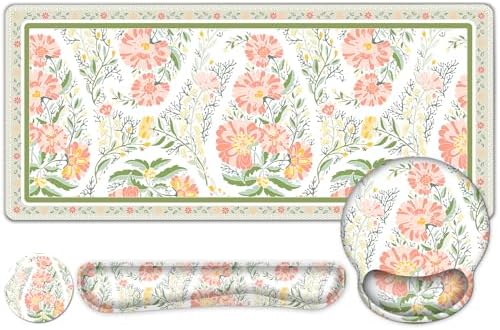 Desk Mat, 4in1 Large Mouse Pad with Wrist Rest, Cute Desk Matt for Desktop, Deskpad Mat, Anti-Slip XXL Computer Ergonomic Mousepad with Wrist Support for Keyboard and Mouse I Elegant Daisy Florals by NXZGO