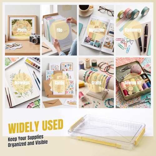 Clear Document Box, Portable A4 Paper Storage Organizer with Snap Latches, Stackable File Case for Certificates Photos Letter Size, Magazine Protector, 14.37" x 9.44" x 1.37" (2 Pack), Yellow - Image 4
