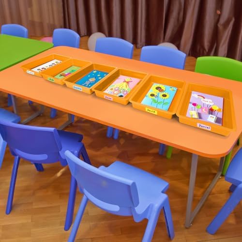ShineMe 6 Pack Paper Trays for Classroom, Orange Plastic Book Bins with Colorful Labels, Stackable Letter Size Storage Tray, Desk Organizer Tray for Home, School and Office - Image 4