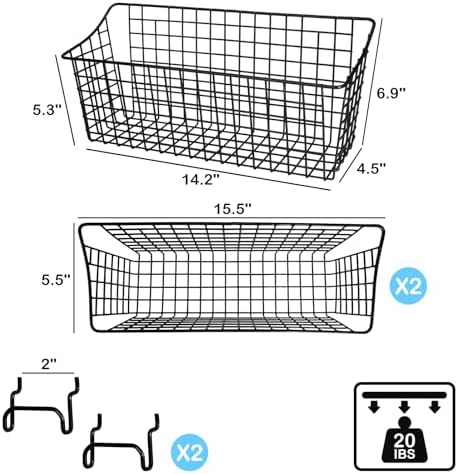 G.CORE 2 Pack Pegboard Baskets, Black Metal Shelves Hooks to 1/8" and 1/4" Hole Peg Boards, Peg Board Baskets Bins Set - Tools Workbench Garage Storage Wall Mount Organizer Attachments (2 Large) - Image 3