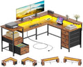 Furologee 66'' L Shaped Computer Desk with 6 Drawers & LED, Rustic Brown by Furologee