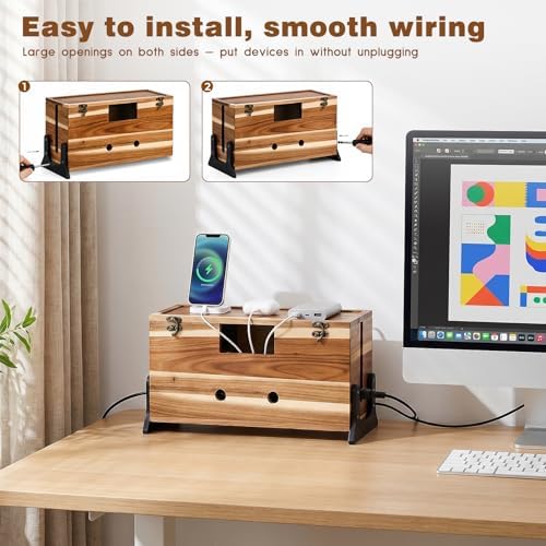 Extra Large Cable Management Box, 14.2-Inch Acacia Wood Cord Hider Box with Dual Locks and Magnetic Lid, Power Strip Cover and Cable Organizer for Desk, Floor, TV Wires and Home Office - Image 6