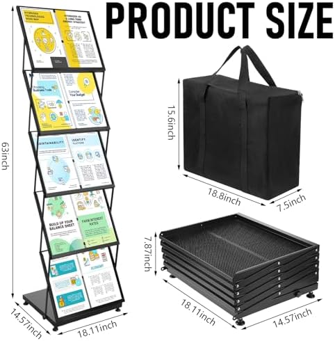AmazingSpark Brochure Display Stand Foldable Magazine Rack Portable Double A4 Size Literature Brochure Holder Magazine Rack Metal 10 Pockets with Carrying Bag for Trade Show Exhibition Office(5-Tier) - Image 2