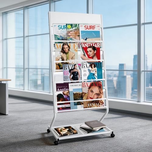 4-Tier Rolling Magazine Rack, Floor Standing Brochure & Literature Display Stand, 23.4" Wide, White - Image 5