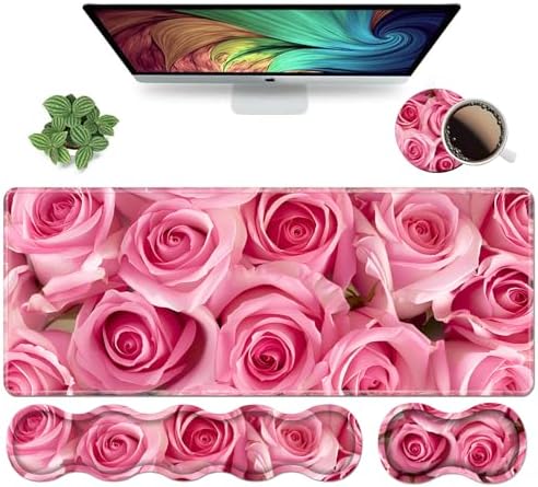 Ergonomic Keyboard Wrist Rest and Mouse Pad Wrist Rest Set, Large XXL Gaming Mousepad 31.5"x 11.8", Memory Foam, Easy Typing Pain Relief, Multifunctional Desk Mat for Office & Home, Pink Roses by Unknown