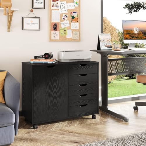 5-Drawer Wood Drawer Cabinet, Office Storage Cabinet with Adjustable Shelf & Wheels, Printer Stand for Home Office, Black, 15.7" D x 30.7" W x 25.4" H - Image 2