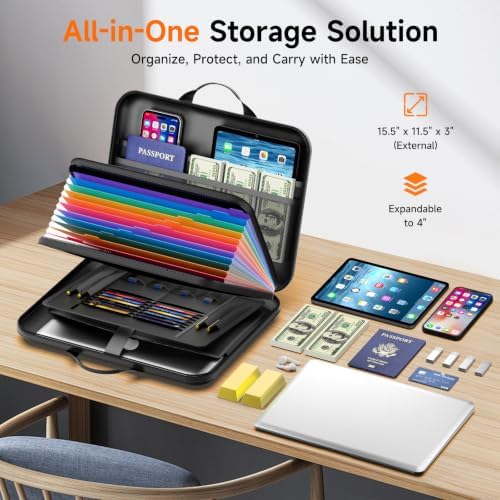 Fireproof Document Box with Lock, Waterproof Hard-Shell File Organizer with 13-Pocket Accordion Folder & Multi-Compartments for Laptop, Documents, Passports & Valuables - Image 6