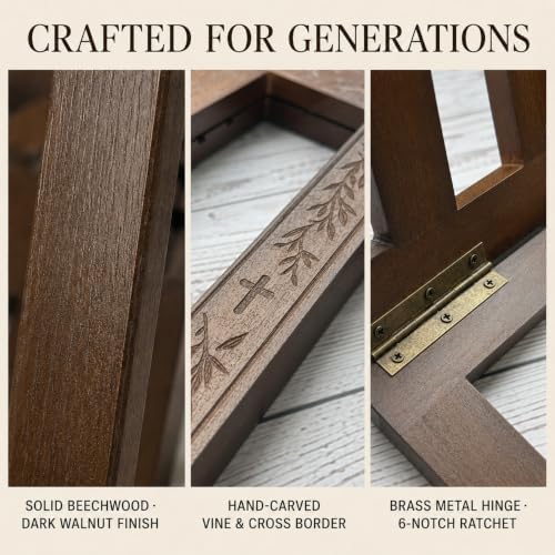 Onism Wooden Bible Stand, Carved Cross, Adjustable Beechwood Book Holder - Image 4