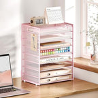 Subekyu 9 Tier Paper Letter File Tray Organizer for Desk, Pink Large Mesh Desk Folder Sorter Organizer with Handle, Include 6 Pcs Adjustable Height Slid Tray for Office Home School Supplies Storage - Image 5