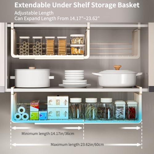 Extendable Under Shelf Storage Basket, Hanging Baskets Under Cabinet Shelf Organizer, for Cabinet Pantry Kitchen Cupboard Desk Counter Bookshelf Space Saver Heavy Duty Slide-in (Black, 1 Pack) - Image 2