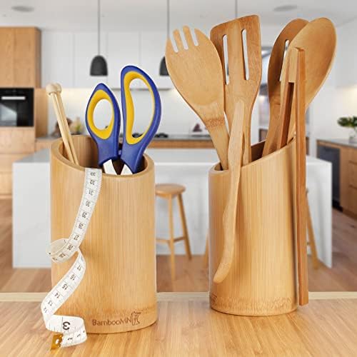 BambooMN Bamboo Kitchen Utensil Holder for Countertop, Utensil Crock for Cooking Utensils - 7" x 4" - Carbonized Brown - 10 Pieces - Image 7