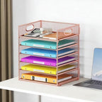 6 Tiers Letter Tray Paper Organizer with Handle, Mesh Desk File Organizer, Metal Desktop Document Shelf Organization, Paper Sorter Organizer for Office, Home or School File Folder Holder (Rose Gold) - Image 4