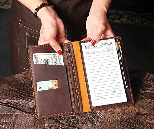 Server Book Organizer with Zipper Pocket, Genuine Leather Restaurant Guest Check Presenters Card Holder for Waitress, Waiter Accessories Fit Server Apron - Brown - Image 6