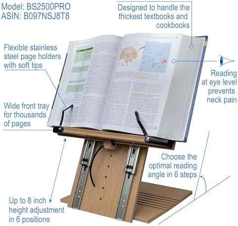 BS2500PRO XL Super Heavy Duty 15.4x10.5 Portable Height Adjustable Foldable Eye Level Bookstand Holder for Reading Hands Free Large Thick Heavy College Textbooks Tablets Neck Pain Free - Image 2