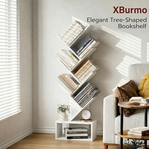 XBurmo 6 Tier Tree Bookshelf - Small Bookcase, Compact Book Tower with Drawer, Corner Bookshelf for Bedroom, Living Room and Home Office Storage, White - Image 3
