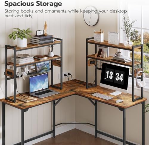 HOOBRO Desktop Bookcase, 2-Tier Desktop Organizer, 29.9" Wooden Office Storage Rack with Outlets, Display Shelf Rack with Light Strip, Desk Hutch for Office, Rustic Brown BF11UDSJ01 - Image 6