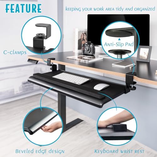 EHO Large Ergonomic C-Clamp Keyboard Tray Mount Under Desk with Wrist Rest, Slide-Out Platform 27.5" (31.8" Including Clamps) x 12.5", Pull Out Keyboard & Mouse Tray for Home or Office, Black - Image 5