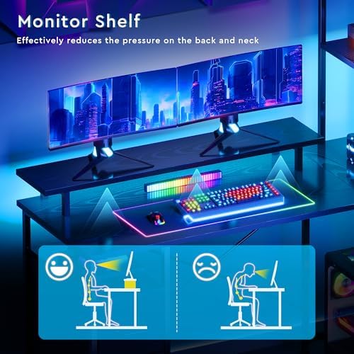 L Shaped Gaming Desk, Reversible with LED Lights, Shelves, Charging, Black - Image 5