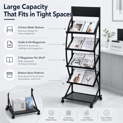 4-Layer Floor-Standing Brochure Display Rack with Wheels and Top Billboard - Image 2