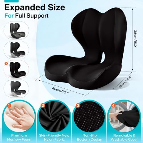 Seat Cushion for Office Chair and Car, L-Shaped Memory Foam Seat Cushion, Ergonomic Sciatica & Tailbone Pain Relief Cushion with Non-Slip Breathable Cover, Back Support for Office Chair-Black - Image 2