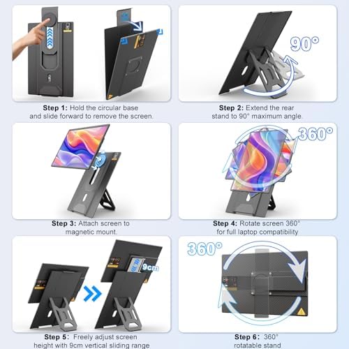 domyfan 16.1" Laptop Screen Extender, 360° Rotating Detachable Stand/VESA Support, FHD 1200P IPS Portable Monitor, Plug & Play with HDMI/USB-A/Type-C, Compatible Win/Mac/Android - Image 3