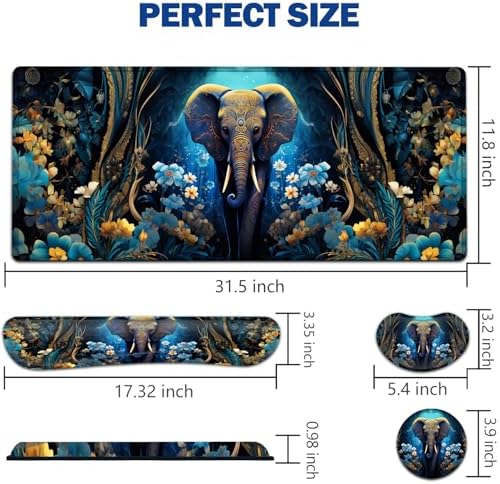 Large Mouse Pad + Keyboard Wrist Rest Set, Extended Gaming Mousepad (31.5X11.8 inch) with Non-Slip Rubber, Ergonomics Memory Foam Mouse Wrist Rest Support, Flowers Ornate Elephant XXL Desk Pad - Image 2
